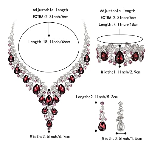 BriLove Women's Wedding Bridal Austrian Crystal Teardrop Flower Cluster Statement Necklace Dangle Earrings Jewelry Set for Party Prom - color: 3Pcs-Deep Amethyst Color Silver-Tone