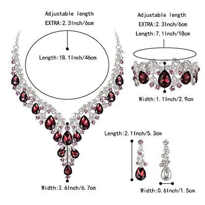 BriLove Women's Wedding Bridal Austrian Crystal Teardrop Flower Cluster Statement Necklace Dangle Earrings Jewelry Set for Party Prom - color: 3Pcs-Deep Amethyst Color Silver-Tone