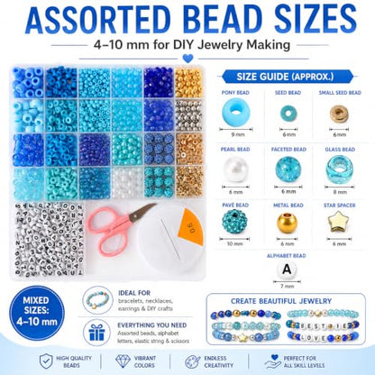 1900 PCS Blue Mixed Beads for Jewelry Making, Bracelet Making Kit with Alphabet Beads, Clay Beads, Pony Beads, Seed Beads and Pearls for DIY Jewelry Crafts