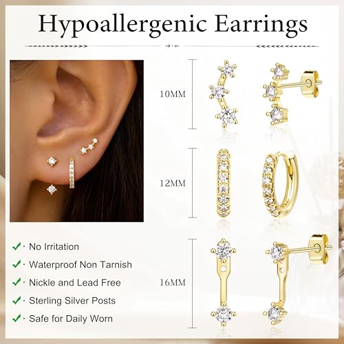 3 Pairs Dainty Small Earrings Set for Women Trendy, Birthstone Stud Huggie Hoop Jacket Stack for Cartilage Helix, Gold Plated Hypoallergenic Cute Women Fashion Accessories Western Jewelry Gifts - color: 04White - Apr