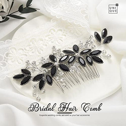 Casdre Crystal Bride Wedding Hair Comb Silver Leaf Bridal Hair Accessories Rhinestone Party Prom Hair Piece for Women and Girls (D Black) - color: D Black