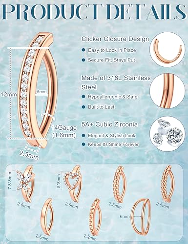 ORAZIO 8Pcs Belly Button Ring Surgical Steel 14G Clicker Belly Rings for Women CZ Heart Butterfly Belly Button Piercing Simple Reverse Navel Barbell Rings Body Piercing Jewelry - color: Rose Gold Plated-12mm