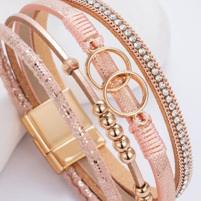 Chunky Boho Leather Wrap Bracelets Cowgirl Beaded Circle Western Jewelry | Stackable Infinity Layered Bohemian Magnetic Clasp Cuff Statement Fashion Colorful Country Hippie Outfits for Women Trendy - color: Shiny Pink