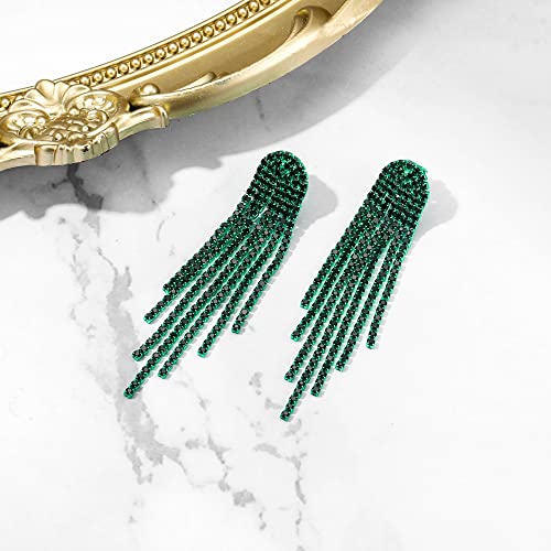 Clip-on Earrings Rhinestone Dangling for Women Fashion Long Chandelier Sparkle Crystal Tassel Dangle Drop Earring - color: Emerald Color Green-Tone