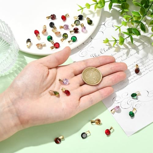 Cheriswelry 28 pcs Cubic Zirconia Charms 14mm Round Colorful Birthstone Pendants Crystal Stone Rhinestone Tiny Dangle Charms for Jewelry Making Necklace Earring Bracelet DIY Craft