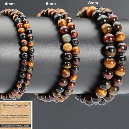 MASSIVE BEADS Handmade Yoga Stretch Elastic Bracelet Natural Stone Crystal Healing Power Energy Gifts for Unisex Adult 4mm 6mm 8mm 10mm - color: 3-Tiger's Eye (Vitality and Abundance), size: 8mm