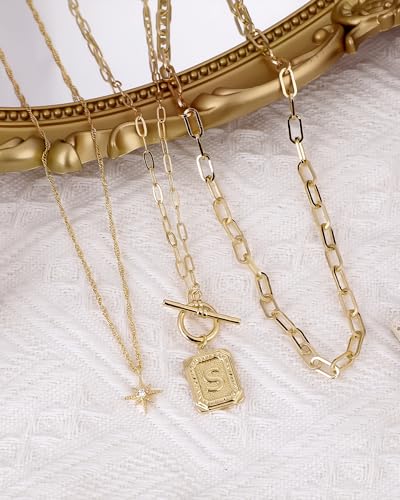MJartoria Layered Initial Necklaces for Women | 14K Gold Plated Brass, Star Choker, Square Letter Pendant, Paperclip Chain - color: Gold, style: S