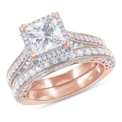 6MM Center Halo Princess Cut Bridal Set Engagement Ring for Women, 2 CT | Metal: Sterling Silver|Stone: Moissanite - color: Rose Gold