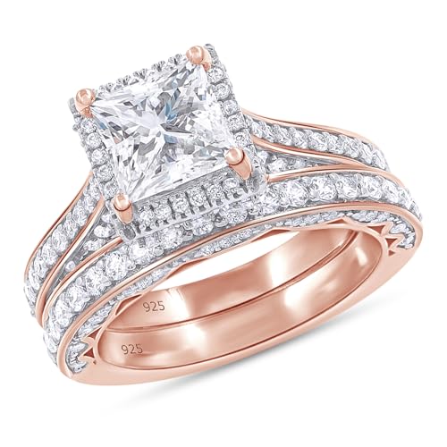 6MM Center Halo Princess Cut Bridal Set Engagement Ring for Women, 2 CT | Metal: Sterling Silver|Stone: Moissanite - color: Rose Gold