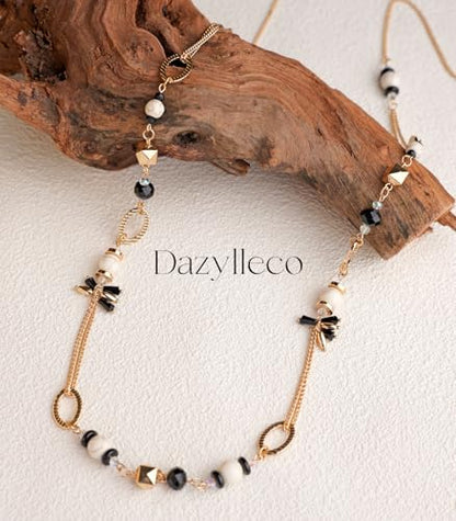 Long Gold Boho Necklaces for Women Beaded Statement Chain Long Necklace Gold Costume Jewelry Birthday Gifts for Her - color: Black White