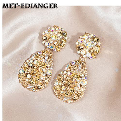 Rhinestone Statement Earrings Teardrop Costume Earrings Cluster Crystal Chandelier Drop Dangle Earrings for Women - color: Champagne