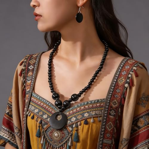 LOTSOF Boho Wooden Beaded Necklace and Earring Set for Women, Bohemian Chunky Statement Costume Jewelry, Round Drop Pendant Retro Ethnic Accessories Ladies Gift - color: Black