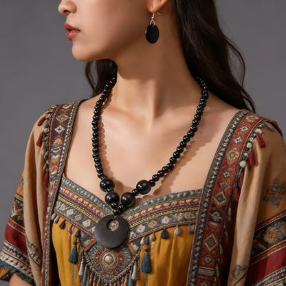 LOTSOF Boho Wooden Beaded Necklace and Earring Set for Women, Bohemian Chunky Statement Costume Jewelry, Round Drop Pendant Retro Ethnic Accessories Ladies Gift - color: Black