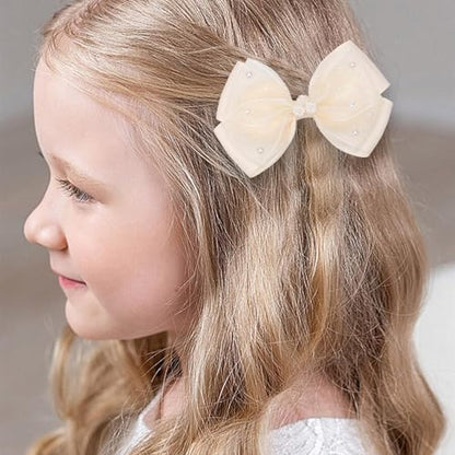 KISZU 4.5 Inch Flower Hair Bows Clips Mermaid Pearl HairPins for Girls Children Teens and Women - color: Yellow