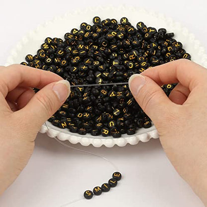 Acrylic Letter Beads Alphabet Gold Letter Black Cube Beads for Friendship Bracelets and Gifts Souvenir Jewelry Making(7 * 4mm Round,1000pcs) - color: Gold Black(Round)