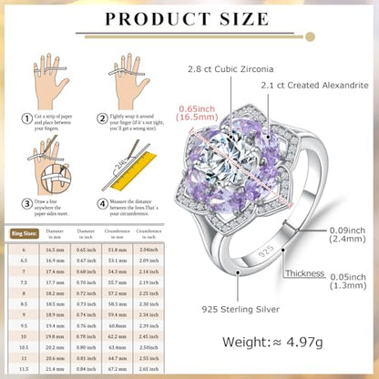 Flower Cocktail Ring for Women Stone Engagement Anniversary Rings | Sterling Silve|Hypoallergenic|Ruby|Sapphire|Emerald|Wedding and Birthday Party Women Statement Ring|Mother and Grandma Gift - color: Alexandrite (June)