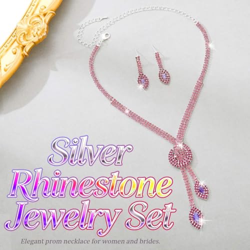 Unicra Silver Rhinestone Bridal Wedding Jewelry Set Crystal Necklace Earrings Sets Formal Prom Costume Jewelry Sets for Women and Brides - color: Purple