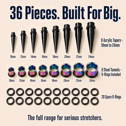 BodyJ4You 36PC Ear Gauge Stretching Kit 00G-25mm - Big Gauges for Ears | Dead Stretching Lobe Plug Expander - Stainless Steel Single Flare Flesh Tunnels - Solid Acrylic Piercing Tapers Men Women - color: Black, Rainbow