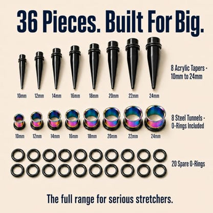 BodyJ4You 36PC Ear Gauge Stretching Kit 00G-25mm - Big Gauges for Ears | Dead Stretching Lobe Plug Expander - Stainless Steel Single Flare Flesh Tunnels - Solid Acrylic Piercing Tapers Men Women - color: Black, Rainbow