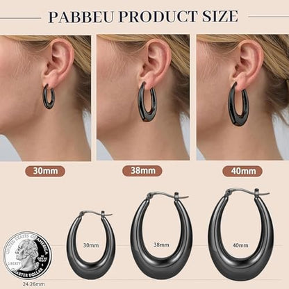 PABBEU Chunky Silver Hoops Earrings for Women Hypoallergenic | Lightweight 925 Sterling Silver Oval Hoop Earring, Sterling Silver Thick Hoop Earrings for Women Gift 25/28/30/38/40mm - color: black 40mm/ 1.57in