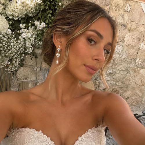 Crysdue Simulated Pearl Earrings for Women, Dainty Silver/Gold/Rose Gold Plated Cubic Zirconia Drop Dangle Earrings Wedding Jewelry for Bride Bridesmaid - style: I_CZ+Pearl, Gold
