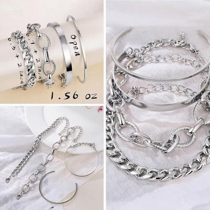 IFKM Gold Chain Bracelets Set for Women, 14K Gold Plated Multiple Layered Stackable Open Cuff Bangle Bracelet Anklet Bracelets Adjustable Link Tennis Beads Italian Cuban Jewelry for Women Gift - style: 24PCS Silver Set