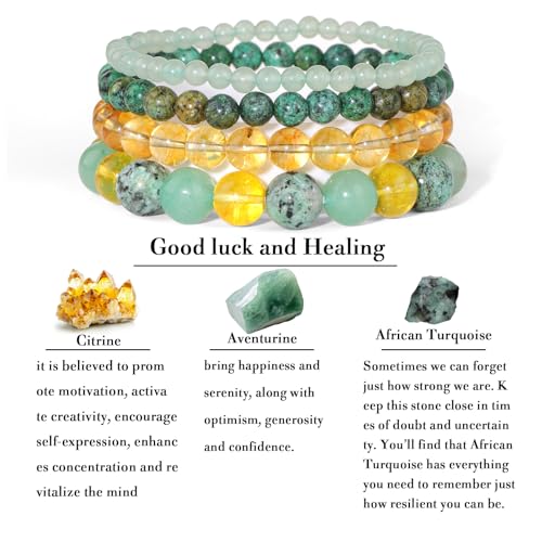 Vinswet 4pcs Beaded Bracelets for Women,Natural Healing Crystal Gemstones Bracelet,Anxiety Stress Relief Bracelet Handmade purple Jewelry Gifts for Women - color: Aventurine&African Turquoise&Citrine