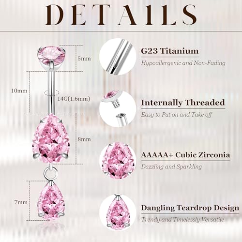 14G G23 Pure Titanium Dangle Belly Button Ring for Women Dangling CZ Navel Ring Teardrop Curved Barbell Belly Rings Internally Threaded Belly Piercing Jewelry - color: Pink