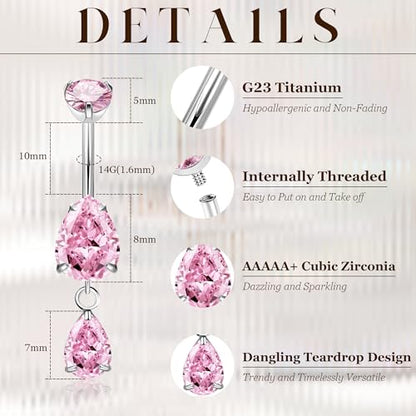 14G G23 Pure Titanium Dangle Belly Button Ring for Women Dangling CZ Navel Ring Teardrop Curved Barbell Belly Rings Internally Threaded Belly Piercing Jewelry - color: Pink