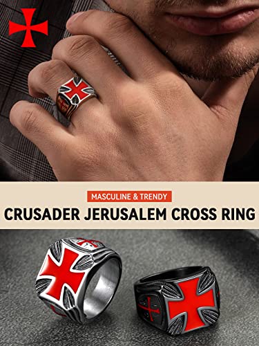 FaithHeart Mens Stainless Steel Crusader Jerusalem Cross Ring with 18K Gold Plated Two Tone Ring Size 7,8,9,10,11,12 - color: 07. Shield Cross-Silver(Custom)