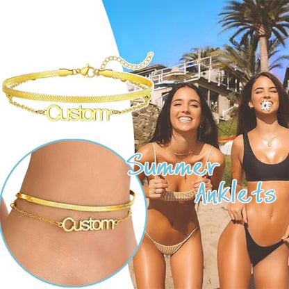 U7 Custom Layered Ankle Bracelets for Women Stainless Steel Bead/Cuban/Figaro/Rope/Wheat Chain Anklet Waterproof Anklet Jewelry for Beach Vacation - color: a-Gold Plated-Herringbone Chain