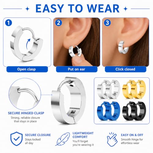 4 Pairs Unisex Hoop Earrings Set – 4 Color Stainless Steel Small Huggie Earrings for Men & Women (Gold, Silver, Black, Blue) | Hypoallergenic Ear Piercing Jewelry