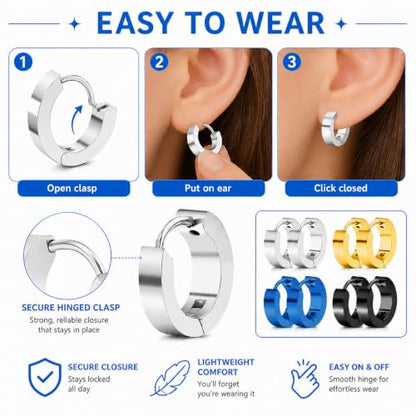 4 Pairs Unisex Hoop Earrings Set – 4 Color Stainless Steel Small Huggie Earrings for Men & Women (Gold, Silver, Black, Blue) | Hypoallergenic Ear Piercing Jewelry