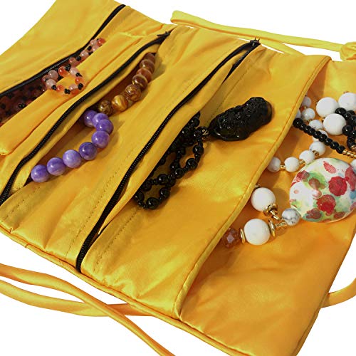 Travel Jewelry Roll Bag - Silk Embroidered Brocade Pouch for Rings, Necklaces, Earrings, Bracelets | Lightweight & Tie Closure (Gold Yellow) - color: Gold Yellow