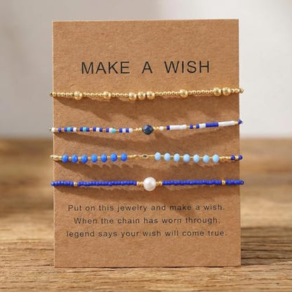5Pcs Stack Gold Plated Ball Beaded Bracelets Set for Women, Boho Handmade Colorful Glass Pearl Stretch Accessories Jewelry, Summer Beach Daily Wear Holiday Friendship Gift - color: Blue Gold