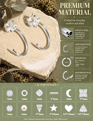 SAILIMUE 12Pair Hypoallergenic Huggie Half Hoop Earrings Backless for Women | Small Backless Earring Surgical Stainless Steel Open Arc Hoop Earrings Silver Plated with Stay Close Earrings - color: Silver:8mm