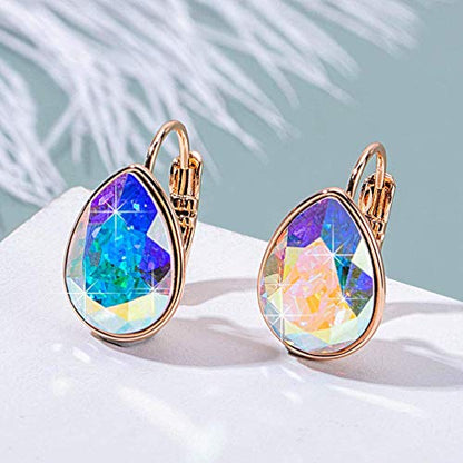 Austrian Crystal Teardrop Leverback Drop Earrings for Women | 14K Gold-Plated Finish, Sparkling Pear Stone, Smooth Bezel Frame, Secure Leverback Closure, Dainty Day-To-Evening Style - color: Aurora Borealis