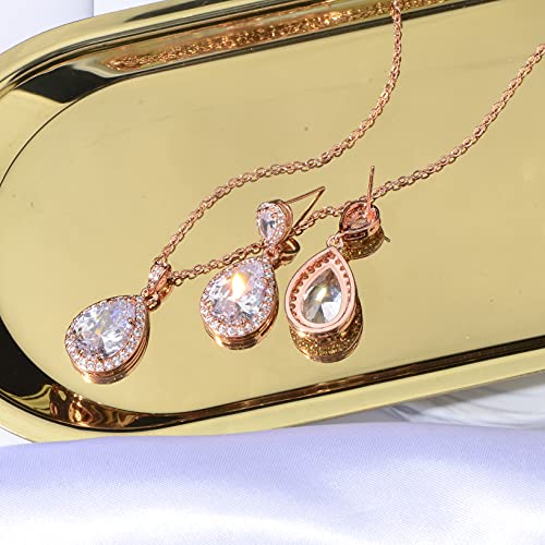 Bridal Jewelry Set for Wedding - 18k Plated Teardrop CZ Crystal Cubic Zirconia Rhinestone Necklace Earrings Set for Bride Bridesmaids Mother of Bride Party Prom Birthstone Costume Jewelry - color: 14k rose gold plated