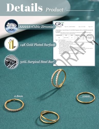 Dochais 4PCS 18G Nose Rings Hoops, Surgical Steel Earrings Tragus Septum Piercing CZ Clicker Ring, Hinged Segment Conch Lip Cartilage Double Hoops 8mm 10mm for Women Men - color: Gold, size: 20G(0.8mm),10mm
