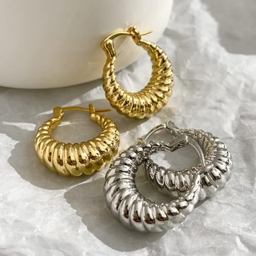 Gold Hoop Earrings for Women, 18K Gold Plated Chunky Huggie Hoop Earrings for Women Jewelry Gifts - color: Croissant Silver