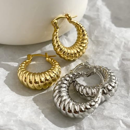 Gold Hoop Earrings for Women, 18K Gold Plated Chunky Huggie Hoop Earrings for Women Jewelry Gifts - color: Croissant Silver