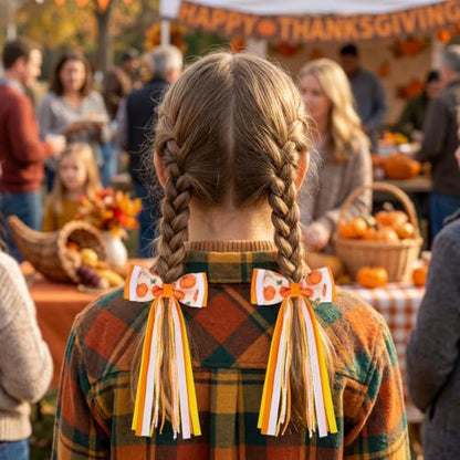 2PCS Fall Hair Bows with Long Streamers 3.54 Inch Hair Clips | Handmade Grosgrain Ribbon, Sparkling Sequin, 7.1 Inch Tail, for Ponytails, Thanksgiving Halloween Holiday Hair Accessories - color: Pumpkin