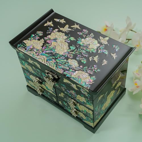 February Mountain Mother of Pearl Jewelry Box with Traditional Mother of Pearl Inlay - Elegant Floral and Butterfly Design for Her - style: Black