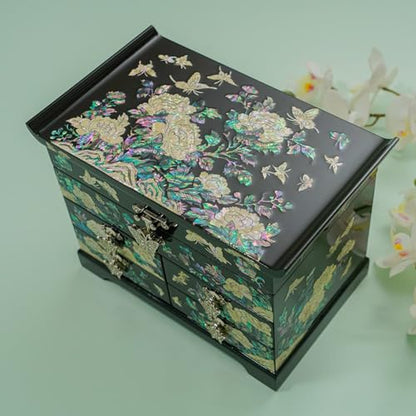 February Mountain Mother of Pearl Jewelry Box with Traditional Mother of Pearl Inlay - Elegant Floral and Butterfly Design for Her - style: Black