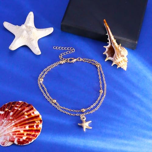 Gold Starfish Seashell Anklets Bracelets for Women Dainty Gold Layered Shell Link Chain Anklets Summer Conch Seashell Foot Bracelet Jewelry for Beach Vacation - color: gold5