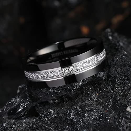 King Will Mens Tungsten Wedding Band with Cubic Zircon Inlay 7mm/8mm Flat Cut Comfort Fit Engagement Rings - color: Black&White-8mm