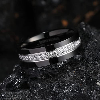 King Will Mens Tungsten Wedding Band with Cubic Zircon Inlay 7mm/8mm Flat Cut Comfort Fit Engagement Rings - color: Black&White-8mm