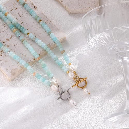 Dainty Turquoise Pearl Pendant Necklace 18K Gold Plated Bohemian Stone Pearl Choker Necklace for Women Dainty Natural Stone Choker Turquoise Beaded Necklace - color: Gold and Sliver