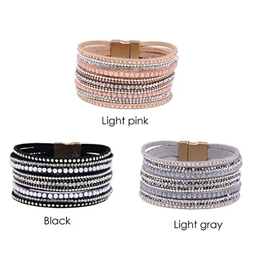 Artilady Leather Wrap Bracelet for Women, Pearl Beaded Bangle Stack Jewelry | Easy on-off, Elegant Handmade Multi-Layered, Daily Casual Date Beach Vacation, Gift for Ladies, Mother, Sister & Friend - style: Shining Pink