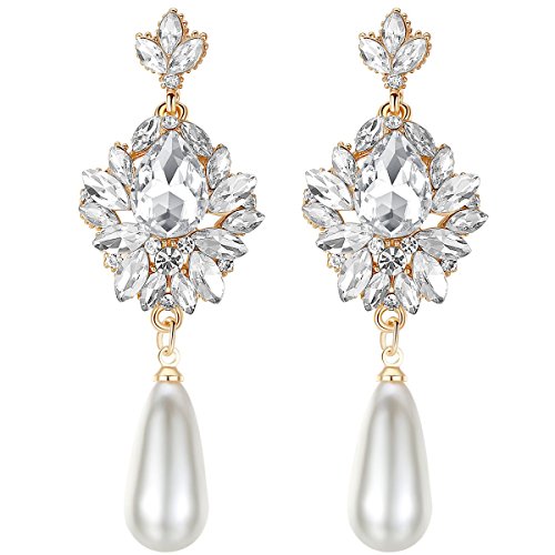 Flower Teardrop Bridal Wedding Dangle CZ Earrings in Silver/Gold Tone for Women Girl Bride Gift … - color: H-Gold